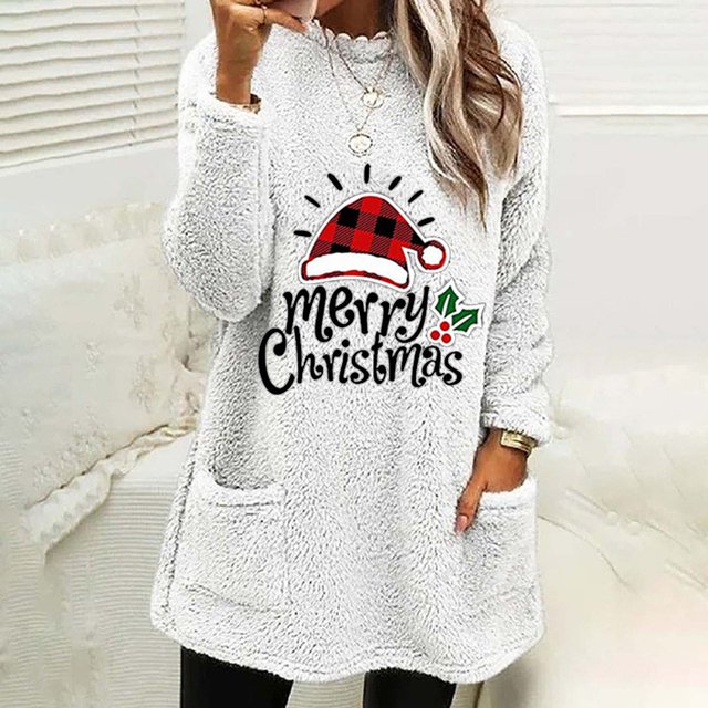 Qertyioot Hauts Grande Taille pour Femmes, Blouse de Noël Col Rond et Hiver Ample avec Poche Imprimée Manches Longues