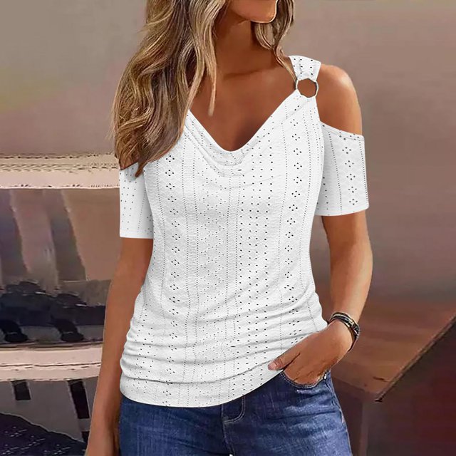 asjyhkr Womens off Shoulder Tops Summer Short Sleeve Breathable Lightweight Tees Solid Color Tshirts