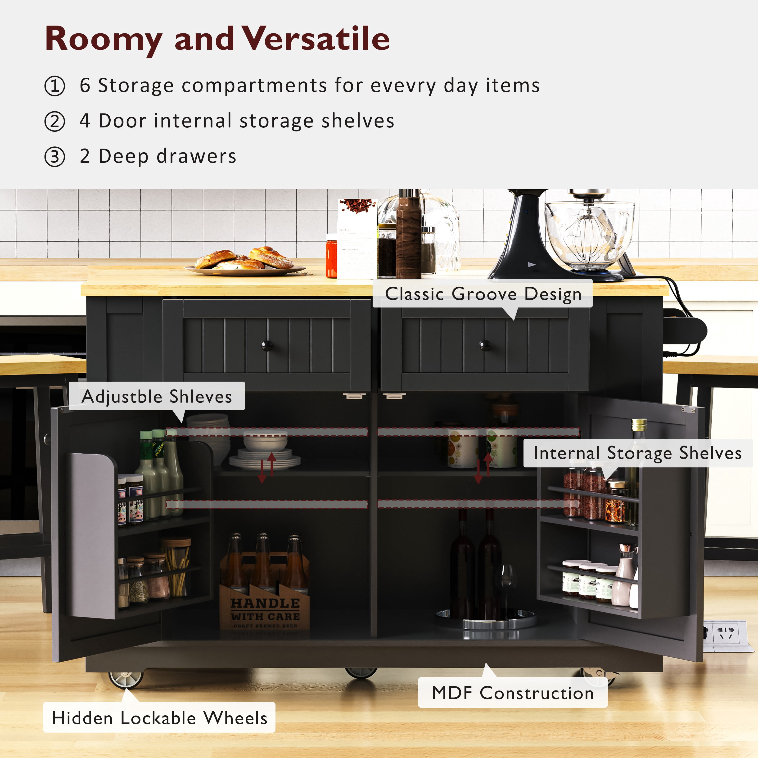Noble House 48" Large Kitchen Island with Drop Leaf,5 Wheels 5 Open Side Racks,White