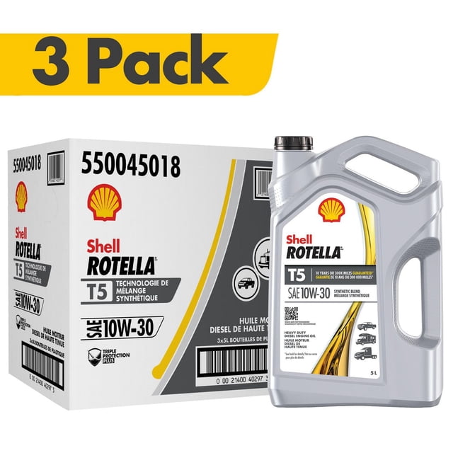 Shell Rotella T5 10W30 Diesel Engine Oil 3-pack with three 5L grey plastic jugs featuring ergonomic handles and black caps, labelled SAE 10W-30 synthetic blend for heavy duty diesel engines, optimized for fuel economy and low emission compliance.