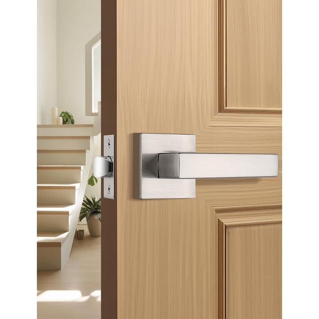 Brushed Nickel Door Handle Interior Privacy Door Lock Bed and Bath Door Lock with Square Rose Modern Keyless Door Lock Handle Reversible for Left & Right