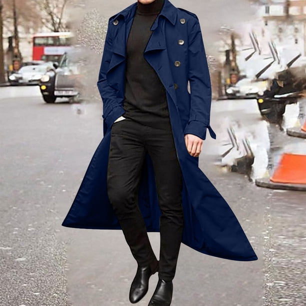 Mens Long Trench Coat Double Breasted Notch Lapel Coat Winter