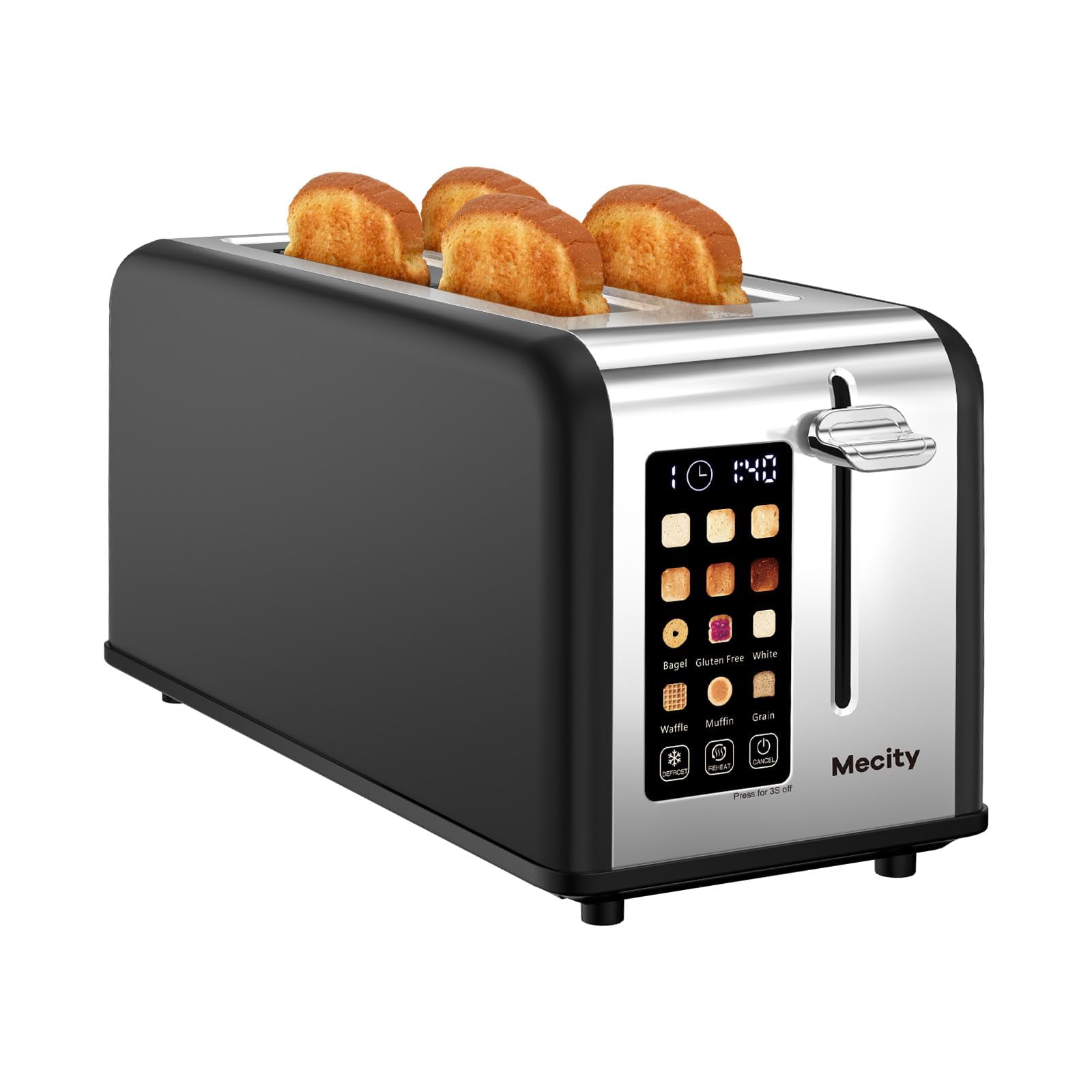 Mecity 4 Slice Toaster with Touchscreen Long Slot, Stainless Steel Smart Bread Toaster for Bagel Muffin Waffle Gluten Free Breads, Timer, Defrost, Re