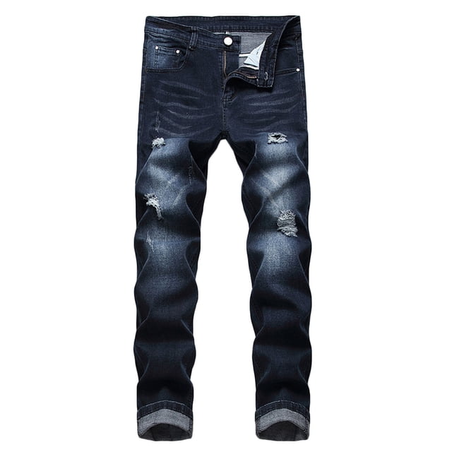 Jeans for Men Ripped Men Zipper Closure Solid Washed Stretch Casual Trousers Ripped Jeans