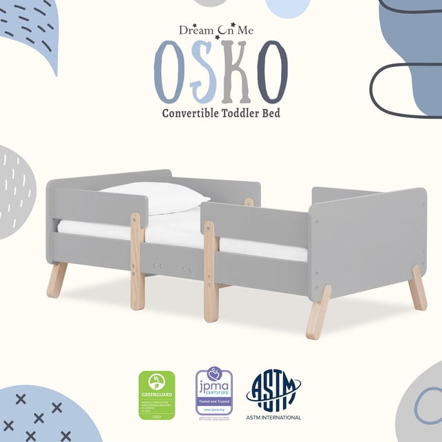 Dream On Me Lit pour Tout-Petit Convertible Osko Gris avec Pattes en Bois Naturel, Doté d'Un Cadre Profil Bas avec des Barrières de Sécurité sur Trois Côtés, Fabriqué en Pin de Nouvelle-Zélande Durable avec une Finition Non Toxique, Conçu pour les Chambres de Tout-Petits et une conversion Facile.