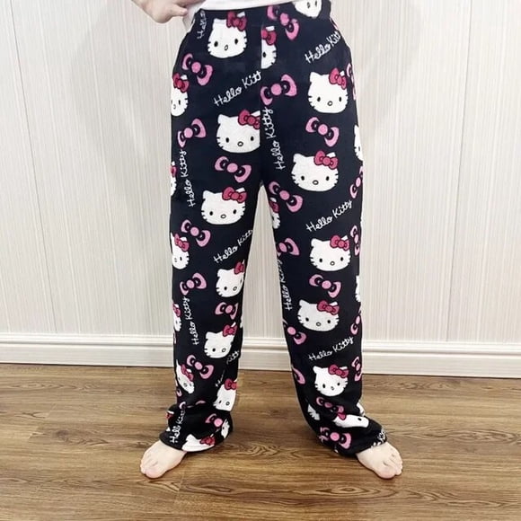 Sanrio Hello Kitty Flannel Pajamas Black Women‘s Warm Woolen Cartoon Casual Home Pants In Autumn Winter Fashion Trousers