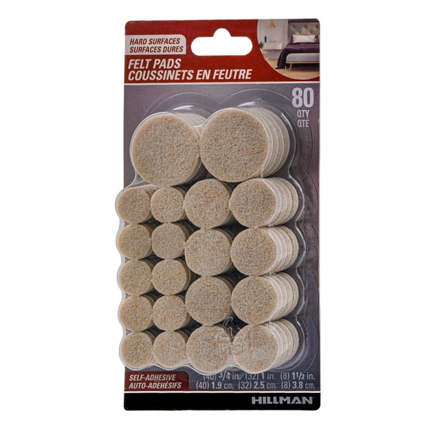 VALUE PACK ROUND BEIGE 80 PC felt pads in assorted sizes with self-adhesive backing, designed to protect hardwood, ceramic tile, linoleum, and other hard floors from scratches and noise caused by furniture legs, packaged in a clear blister pack by Hillman, also suitable for use on table and chair legs.