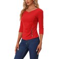 thumbnail image 4 of INSPIRE CHIC Women's V Neck 3/4 Sleeves Solid Knitted Buttons Decor Ruched Top Red L, 4 of 5