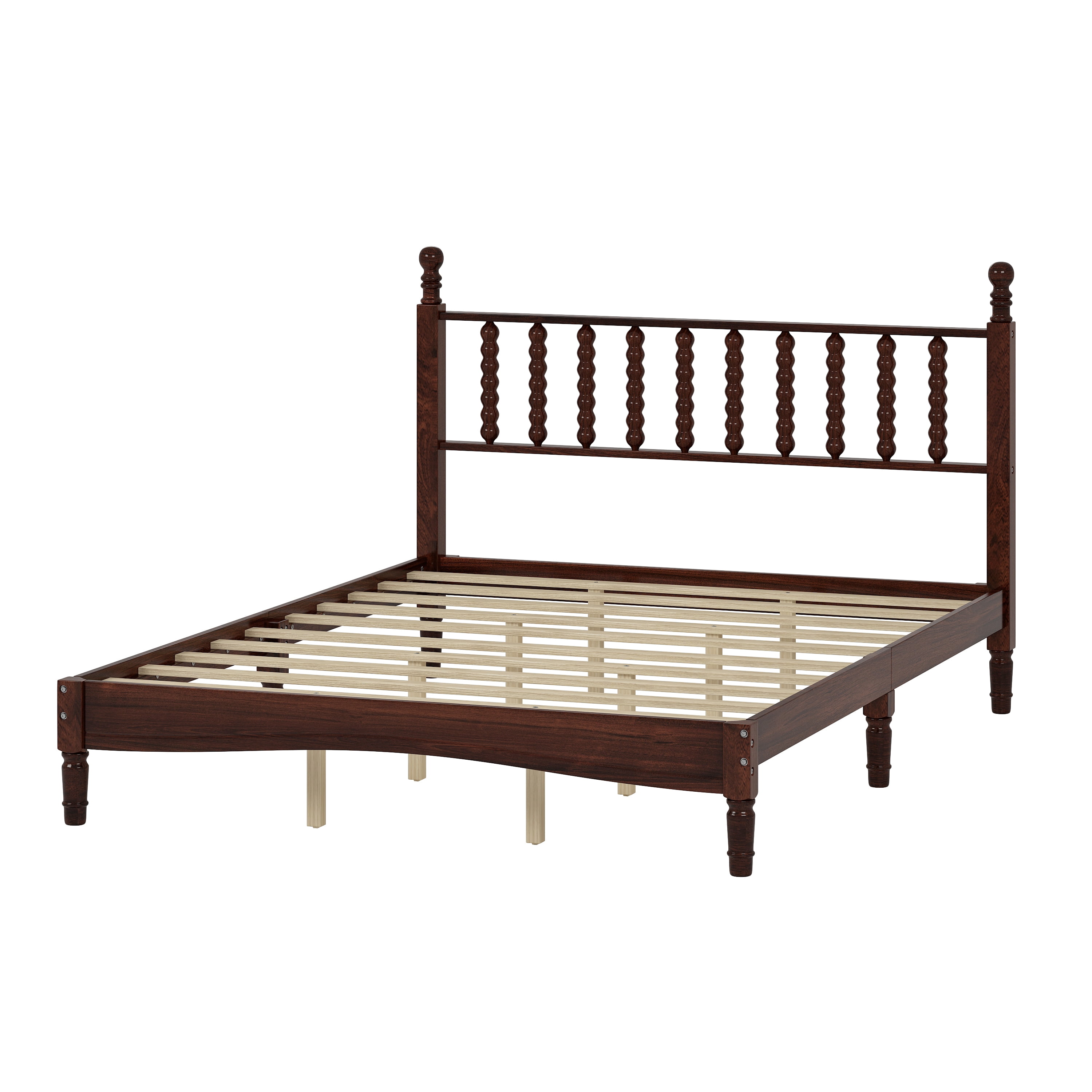 Noble House Queen Gourd Headboard Platform Bed,Wood Slat Support Retro Style Platform Bed,Walnut