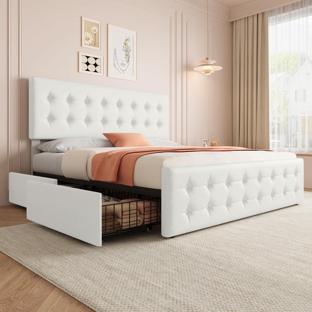 Cadre de Lit avec 4 Tiroirs de Rangement et Tête de Lit Réglable, Base de Matelas Rembourrée en Lin Doux pour la Peau, Aucun Sommier Requis