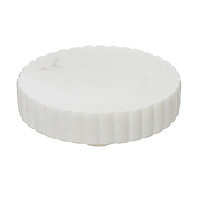 White Marble Shop Dish, a round bathroom accessory with scalloped edges and fluted sides, crafted from durable white marble stone, designed for soap storage on bathroom countertops with easy maintenance.