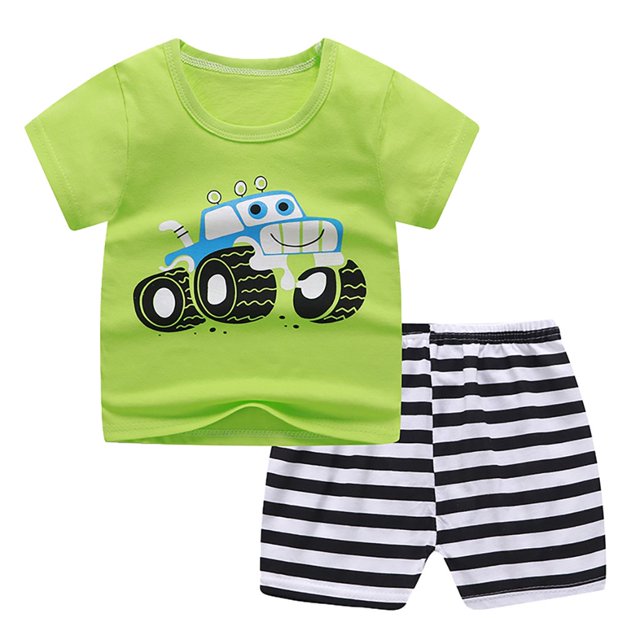 LSLJS Toddler Baby Boy Clothes Cartoon Print Pattern Short Sleeve Tops+ Casual Shorts Summer Outfits Set