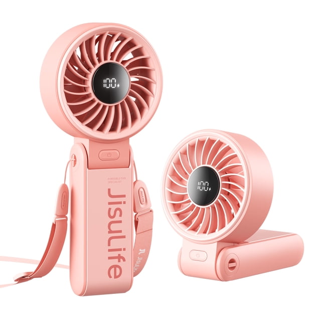 JISULIFE Ventilateur Portable Polyvalent avec Écran LED, Doté d'Un design à 12 Pales et d'Une Batterie rechargeable USB de 5000 mAh. le Ventilateur Est Illustré en Couleur Rose avec une structure Pliable et une Lanière, Convient à une Utilisation à Main, au Bureau Ou au Cou. l'Affichage LED Intelligent Indique la Vitesse du Vent et l'Autonomie de la Batterie. Deux configurations Sont Affichées : l'Une Verticale et l'Autre Pliée pour le Bureau.
