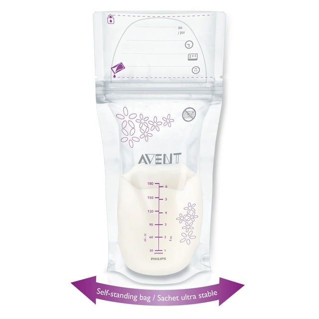 PHILIPS Avent SCF603/50 Sac de Rangement pour Lait Maternel 6 Oz/180 ml avec Pochette Transparente Autoportante avec Motifs Floraux Violets, Repères de Mesure en Millilitres et Onces, double Fermeture Éclair Étanche, Coutures Renforcées et Pré-Stérilisé pour un Rangement Sûr et Hygiénique.