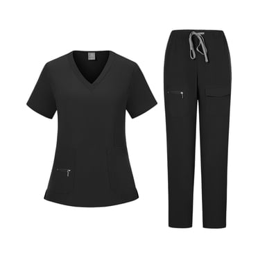 Ktyne Scrubs Sets for Women Stretchy Nurse Uniform Short Sleeve Scrub & Jogger Pants Solid Color Scrubs Sets with Multi Pocket Black S