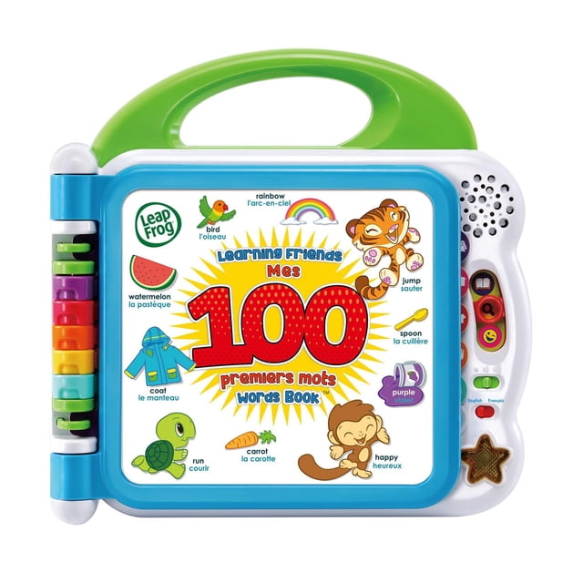 LeapFrog Learning Friends 100 Words Book is an interactive bilingual toddler learning book with a green handle, colorful piano keys, and white frame with control buttons. The cover features English and French words with animal friends like turtle, tiger, and monkey, plus images of a rainbow, watermelon, coat, carrot, spoon, and purple purse. It includes a light-up star button and language switch for bilingual vocabulary play.