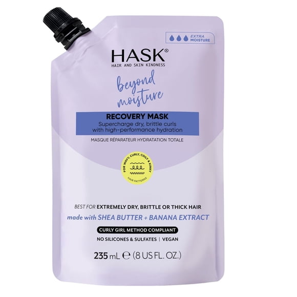 Hask Série Texture au-Delà de l'Hydratation Masque Réparateur Fait avec du Beurre de Karité + Extrait de Banane. Conforme à la Méthode Curly Girl. Dynamisez les Boucles Sèches et Cassantes avec une Hydratation Haute performance