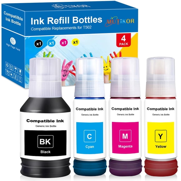 Compatible T502 Ink Refill Bottles Compatible for ET-4760 ET-2760 ET-3830 ET-15000 ET-4850 ET-2750 ET-4750 ET-3750 ET-3950 ET-4950 Printers Replacement for T502 Ink (4-Pack, BK/C/