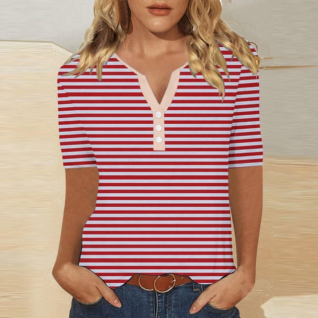 LOVZFMLL T-Shirts d'Été pour Femmes Mode à Rayures Imprimées Manches Courtes Blouse-Col T-Shirt Décontracté à Boutons