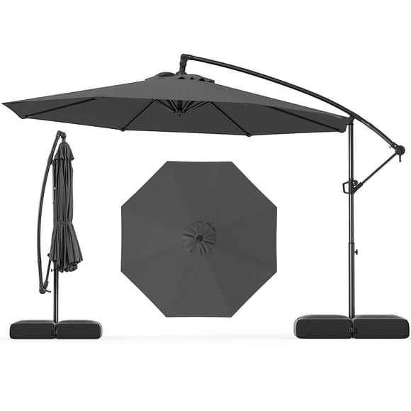 Gymax 10 FT Offset Hanging Umbrella w/ Base Patio Cantilever Umbrella 360° Rotation Gray