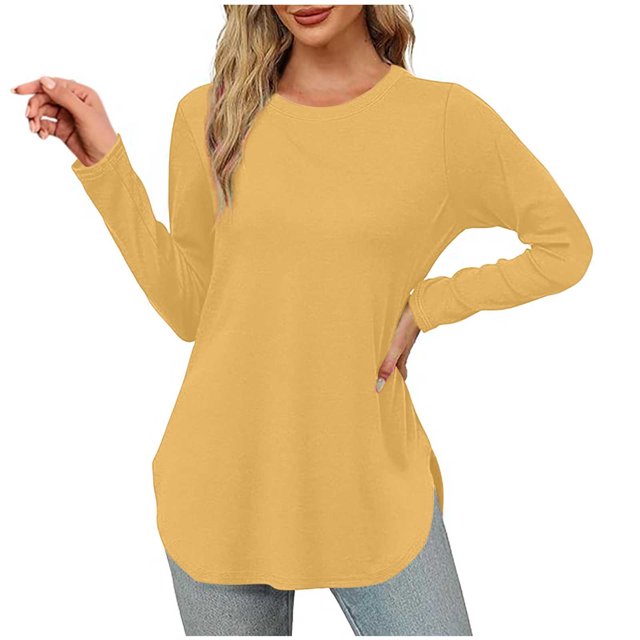 Yuyuzo Womens Tops Crew Neck Long Sleeve Side Split Solid Color Loose Casual Basic Fall Tunic Top