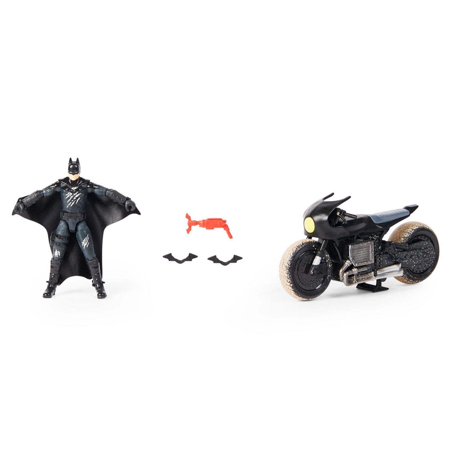 DC Comics, Coffret Batman Batcycle, Figurine Batman exclusive de 10 cm, Véhicule Batcycle, 3 accessoires, Pièce à collectionner du film Batman, Jouet pour garçons et filles à partir de 4 ans