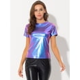 thumbnail image 3 of INSPIRE CHIC Women's Party Metallic Textured Short Sleeve Shiny Multicolor Top Large Blue Purple, 3 of 5