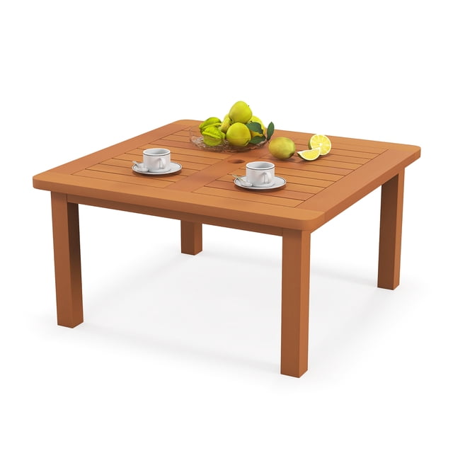Gymax Table Basse de Patio avec Trou pour Parasol, Plateau à Lattes et Fini à l'Huile de Teck