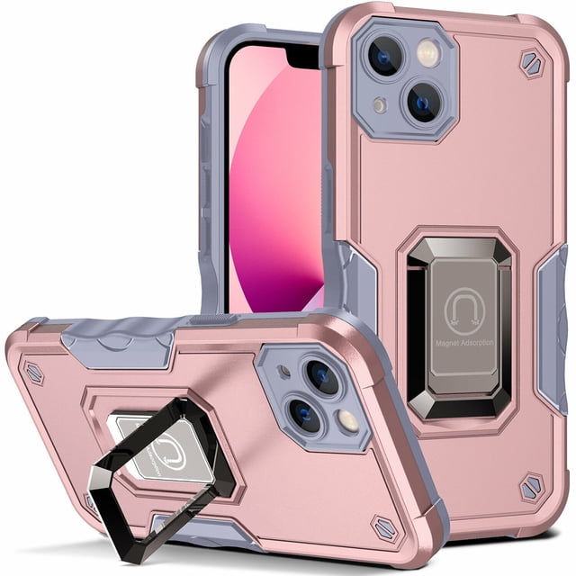SuperShield Defender Fitted Hard Shell Ring Holder Stand Case for iPhone 14 in rose gold. This durable case features cushioned corners, soft flexible sides, and anti-scratch technology for optimal protection. It includes a built-in metal kickstand for vertical and horizontal viewing angles, a magnetic sheet for car mount compatibility, and precise cutouts for full access to all ports and buttons. Designed for iPhone 14, released in 2022, with built-in magnets for seamless wireless charging.