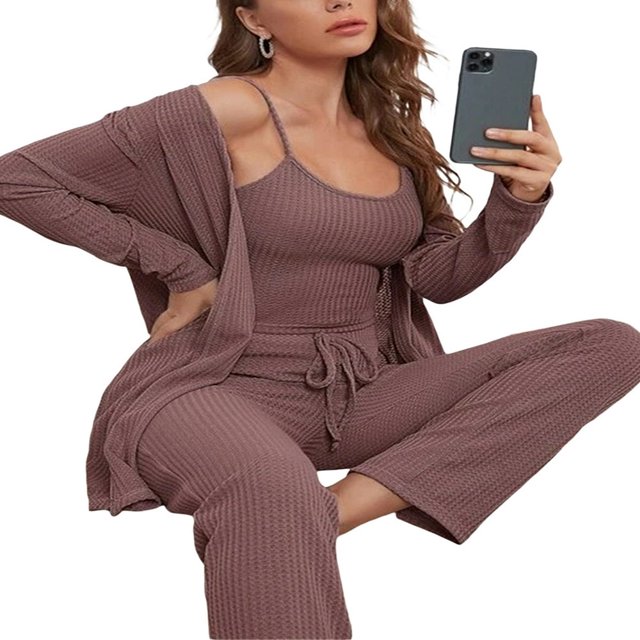 Women‘s 3 Piece Lounge Set Pajama Set Sweatsuits Open Front Cardigan Tank Tops Wide Legs Pants Outfits