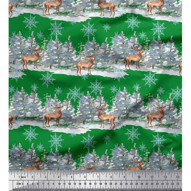 Soimoi Green Modal Satin Fabric Reindeer & Snowflakes Tree Print Sewing Fabric Yard 42 Inch Wide