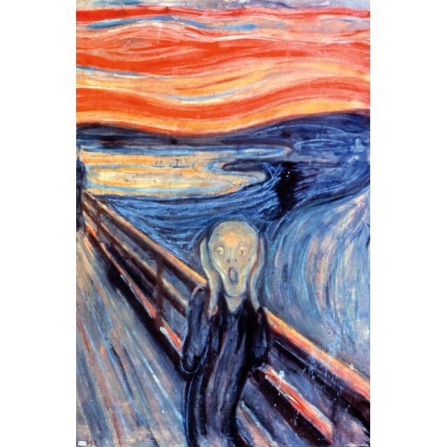 The Scream by Edvard Munch Wall Poster, 22.375" x 34", depicting the iconic expressionist painting with a swirling red and orange sky above a blue fjord and a central figure holding its face in a scream on a wooden bridge, printed on glossy paper with adhesive mounts, suitable for bedroom, office, or dorm wall decor.