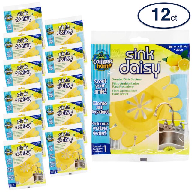 Compac Passoire d'Évier de Cuisine Parfumée à la Marguerite Infuse et Rafraîchit Votre Évier, Accessoires Indispensables pour Évier de Cuisine, Passoire d'Évier - Attrapeur, Jaune, Parfum Citron, 12 Unités, (Lot de 12)