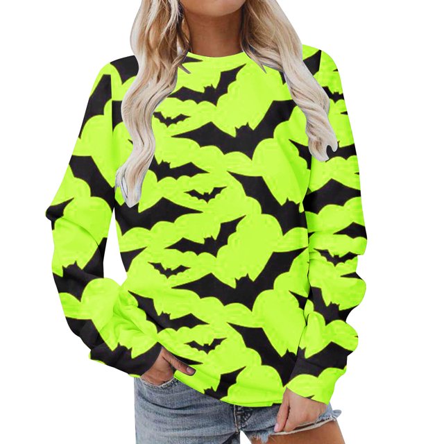 Liquidation à 50 % Chandail Surdimensionné pour Femmes 2023 Imprimé d'Halloween Classique Col Rond Manches Longues Chandail Ample Hauts
