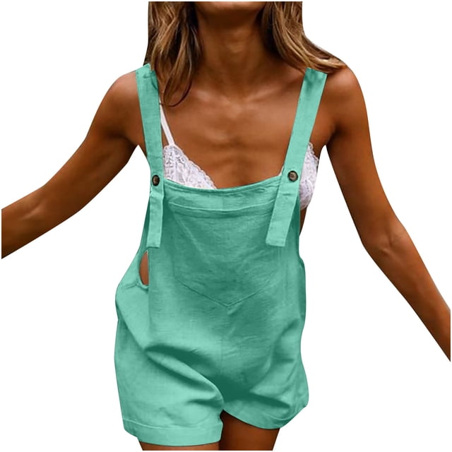 Womens Casual Summer Overalls Adjustable Straps Cotton Linen Shortalls Solid Shorts Jumpsuits Rompers with Pockets