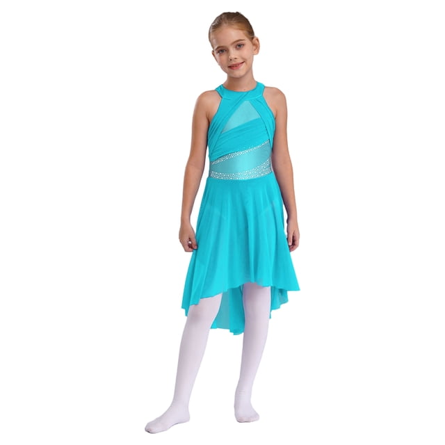 RUNQHUI Kids Girls Sleeveless Shiny Rhinestone Ruched Ballet Leotard Dress Lyrical Modern Contemporary Ballroom Light blue 10