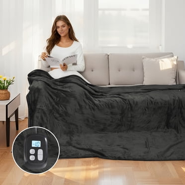 SUNNY HEAT Heated Electric Blanket Full Size 72"x84"Soft Flannel & Cotton, 10 Heating Levels & 1-12 Hours Auto Off, Dark Grey