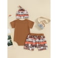 thumbnail image 3 of SUNSIOM Toddler Boy Shorts Outfit Letter Print Short Sleeve Romper with Cattle Pattern Shorts Hat Set, 3 of 6