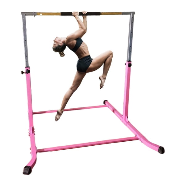 GymPro Expandable Gymnastics Kip Bar Horizontal Bar Junior Gymnastic Training High Bar Asymmetric Bar 13 Level Height Adjustable 3 to 5 FT Cushioned Bar & Curved Legs (Pink)