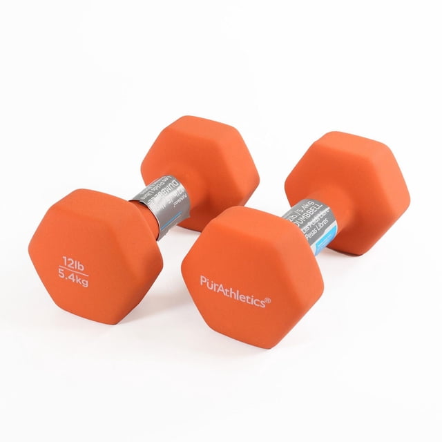 Hexagon Neoprene 12lb set with a pair of orange hexagonal dumbbells featuring durable non-slip neoprene coating, each weighing 12 pounds (5.4 kg), suitable for strength training, toning, and aerobic workouts.