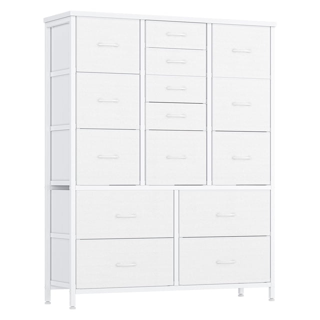 AKDSteel Commode à 15 Tiroirs pour Chambre à Coucher, une Haute Commode de Rangement en Tissu avec une Finition Blanche Élégante. Comprend 15 Tiroirs de Tailles Variées, Soutenue par un Cadre en Acier Renforcé et un Dessus en Bois Robuste. Cette Commode Gain de Place Est Parfaite pour Organiser des Vêtements, des Jouets Ou des Fournitures d'Artisanat et Convient aux Chambres, Garde-Robes, Entrées Ou Salons. Comprend une Trousse Anti-Basculement pour la Sécurité et des Tiroirs à Glissement Facile pour Plus de Commodité.