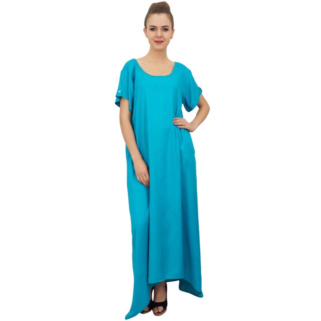 Bimba Robe Maxi pour Femme à Ourlet Asymétrique Turquoise avec Poches Brun avec Foulard-14