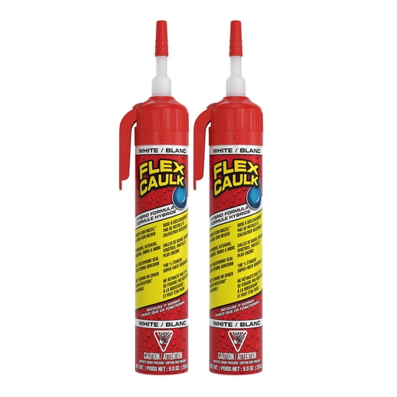 Flex Calfeutrage, Scellant Hybride Polymère Imperméable et Résistant aux Intempéries, Résistant, à Peindre, Intérieur, Extérieur, Bain, Douche, Évier, Fenêtre, Plinthes, Porte, VR, Toit, Bois, Auto et Marin, Blanc, 9 oz, Lot de 2