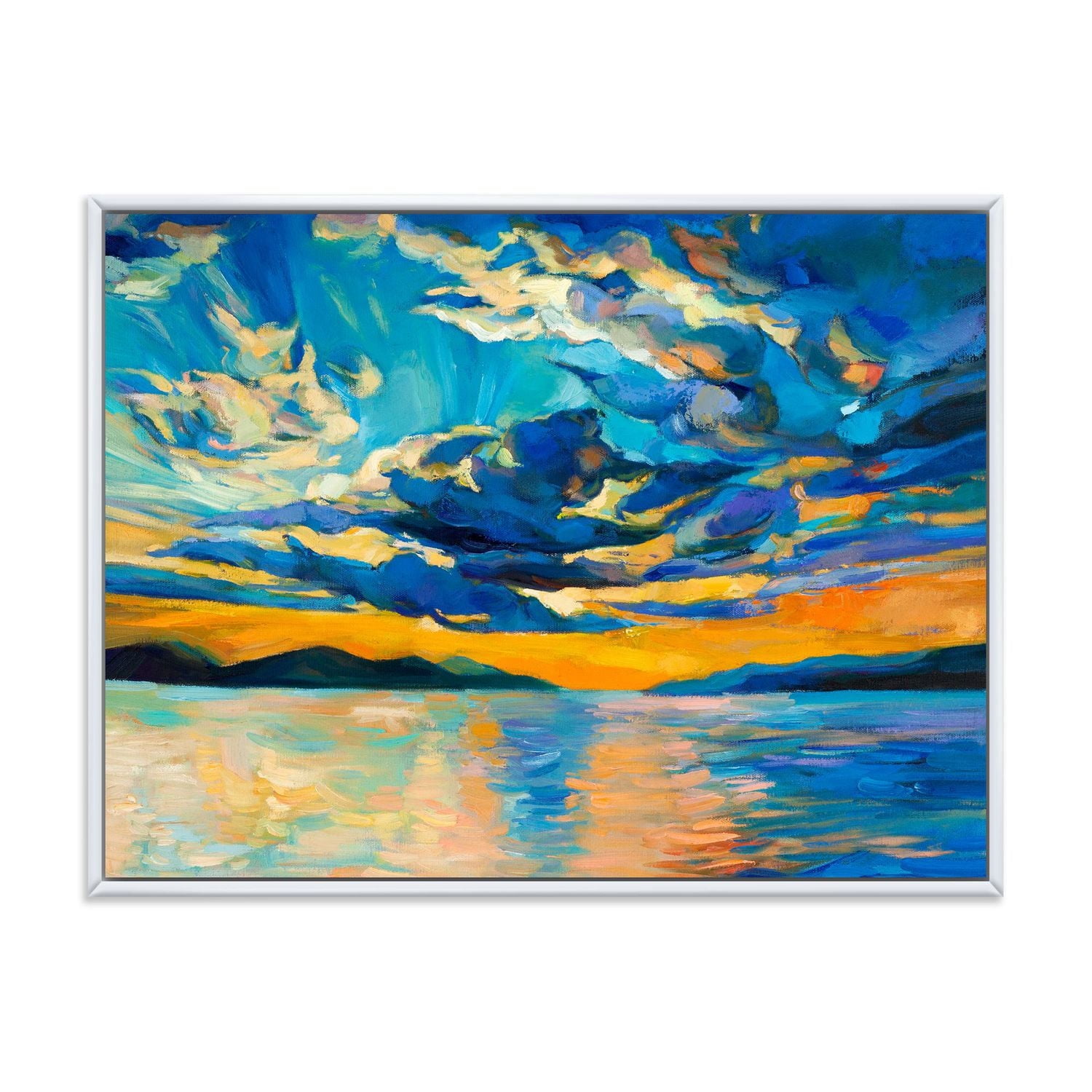 Designart Nuageux grand ouvert coucher de soleil sur l'horizon l'océan ART MURAL À CADRE FLOTT