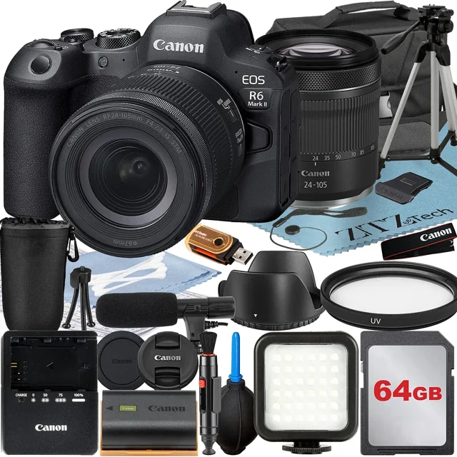 Canon EOS R6 Mark II Appareil Photo Sans Miroir avec Objectif RF 24-105mm + Carte Mémoire 64 Go + Étui + Flash LED + Ensemble d'Accessoires ZeeTech