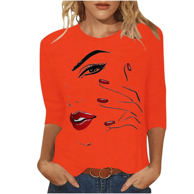 Penkiiy Hauts pour Femmes Mode Femmes T-shirt Imprimé Mi-Long Manches 3/4 Blouse Col Rond Hauts Décontractés Rouge Vêtements Y2K