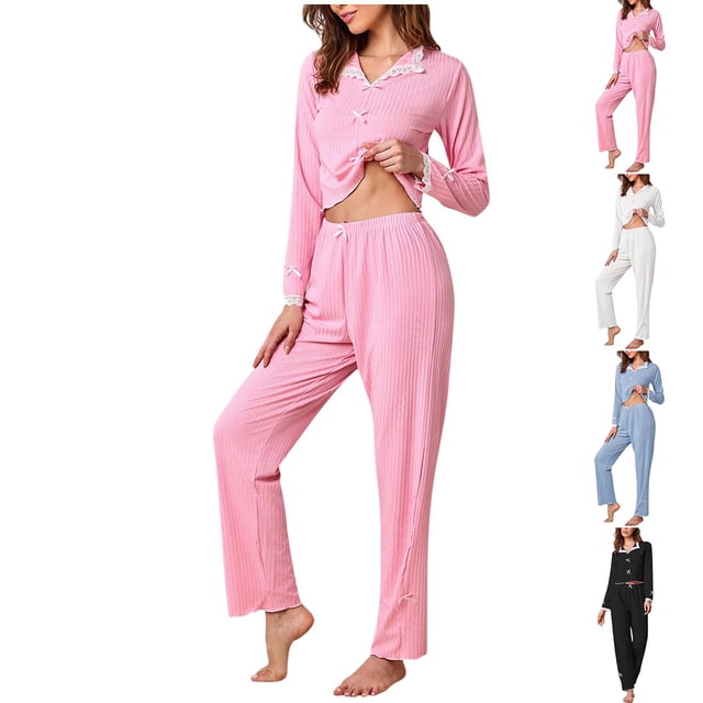 NJDVHB Ensembles d'Été pour Femmes, Ensemble de Détente pour Femmes, Ensemble de Chemises de Nuit pour Dames, Blouse Décontractée Unie à Col Rabattu à Manches Longues pour Femmes, Pyjama Court Mode, Bleu, TG