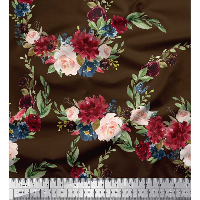 Soimoi Brown polyester Crepe Fabric Ranunculus & Penoy Floral Print Print Fabric by the Yard 52 Inch Wide