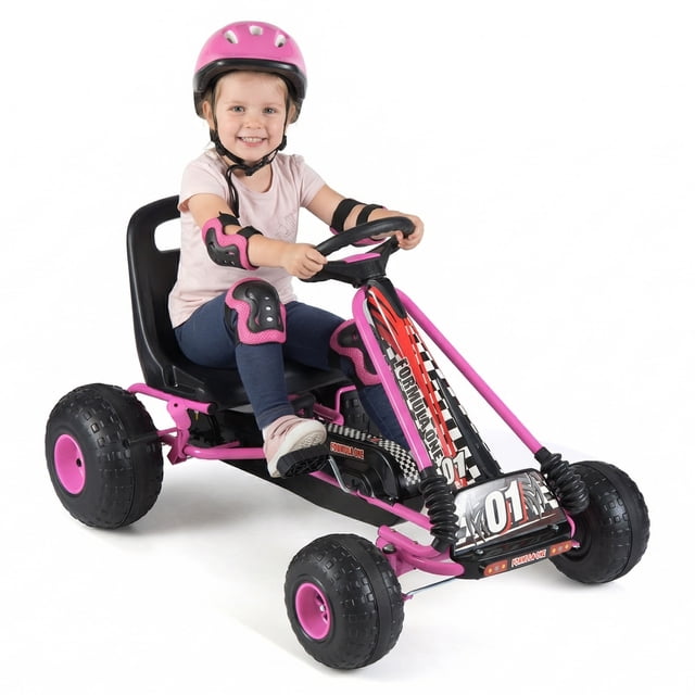 Gymax Kart à Pédales pour Enfants à 4 Roues avec Embrayage et Frein à Main Roues Multi-Terrain Rose Rose