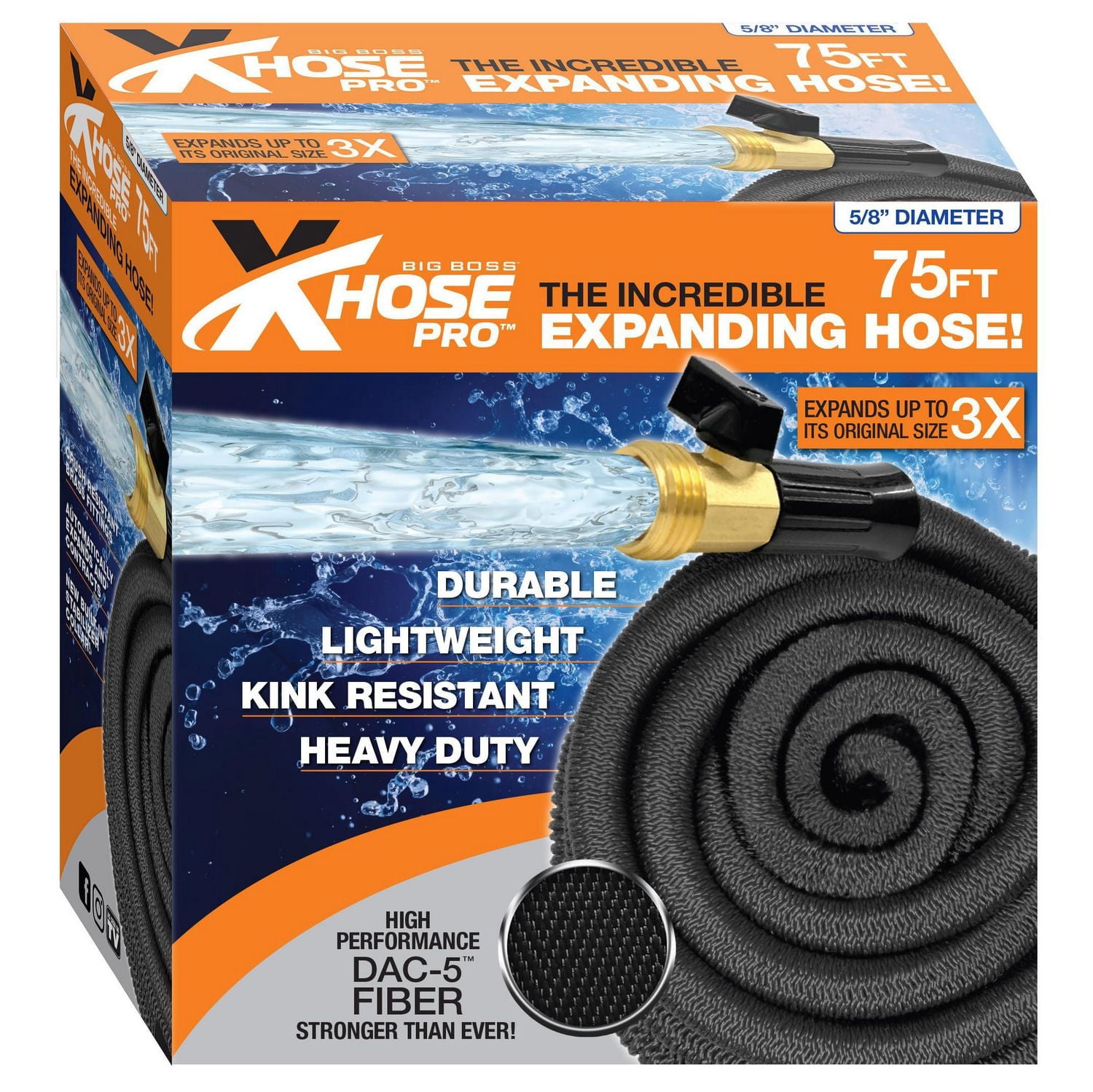 Big Boss Xhose Pro 75 Ft 5/8" Lightweight Expanding Garden Hose with Brass Fittings Kink Resistant Durable Dac-5 Fiber